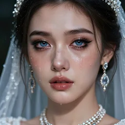 ilyana vyulnika as a young bride in the dark, heavy makeup, crying eyes, blue eyes, tears, leaked mascara, lipgloss, portrait, closeup, cute freckles, gloss effects, and exaggerated proportions, intricate jewelry, after rain, digital art by julia razumova and mel milton, trending on artstation, 4 k high quality