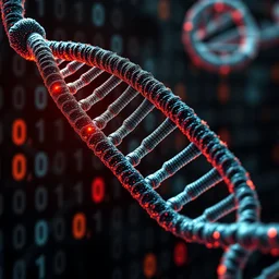 a microscopic graphic of a dna with 0 s and 1 s in the background to depict computer program in a cyberpunk style, award winning, deviant art style