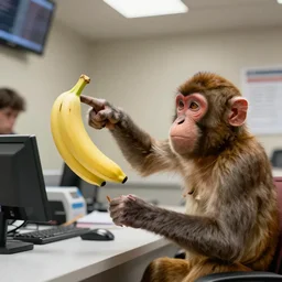 a monkey pointing a banana at a cashier, robbery, 8k