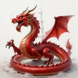 Western Style Red Dragon, White Tower Background, HD, Matte Digital Painting