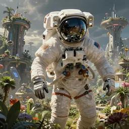 an intricate concept art of an astronaut discovered a new garden city, artstation, sci - fi, hyper realistic, concept art, art by dylan cole, cinematic lighting