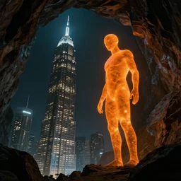 dark rock cavern has inside a giant orange glowing humanoid watching and standing next to a skyscraper of thousands of floors and glowing windows