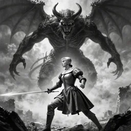 the young joan of arc preparing to fight a looming, monstrous demon hovering before her, hyperdetailed, dramatic, energetic, black and white, by christophe young, by greg rutkowski, by loish