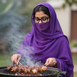 a photograph of a young cute hyderabadi woman with cateye glasses and purple niqab having a barbecue, by floro dery, shoji kawamori, and greg rutkowski, artstation, concept art, high quality illustration, mtmte, cover art