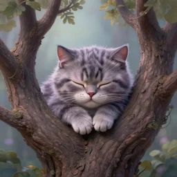 an adorable cheshire kitten asleep in a tree | highly detailed | very intricate | symmetrical | whimsical and magical | soft cinematic lighting | award - winning | closeup portrait | wonderland | painted by donato giancola and paul lehr and ross tran | pastel color palette | featured on artstation