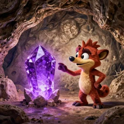 A prehistoric cave painting of Crash Bandicoot and Aku Aku discovering a glowing purple crystal