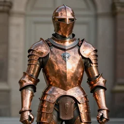 Henry Hoover in copper armor illuminated by sun, high definition photography