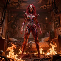rgb, tall woman, bedroom full of fire, rage, cinematic, movie scene, inspired by zdzislaw beksinski, clothes made out of veins,, cables everywhere, bedroom, ultra realistic, concept art, intricate details, highly detailed, photorealistic, octane render, 8 k