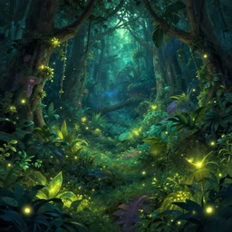 a beautiful enchanted glowing heavenly seamless jungle scenery, fireflies, fantasy, artstation, digital art,