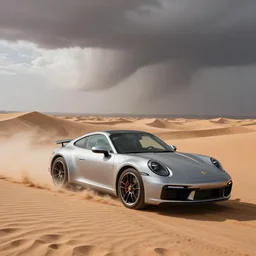 a sports magazine image a slick, new, and cool looking porche drifting down a sand dune in the Arabian desert during a monsoon dust storm