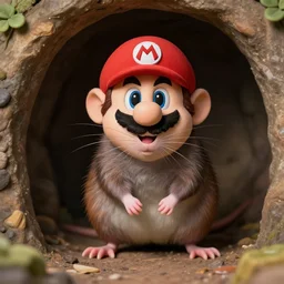 a rat with the head of super mario in a cave