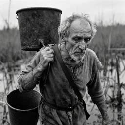close - up portrait of one tired skinny old male in medieval clothes carrying a bucket walking in a swamp mud, cinestill 8 0 0 t 3 5 mm b & w, heavy grain, high quality, noir, natural textures, photorealistic, ambient occlusion, hd, ultra wide lens, anamorphic, detailed face by sebastao salgado
