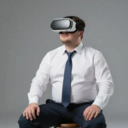 clean - shaven chubby white man wearing a white dress shirt and necktie sitting on a stool with a vr headset on. he looks mesmerized.