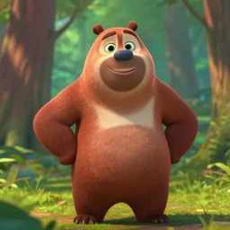cinematic shot of a cute anthropomorphic bear standing in the forest with his hands on his waist by greg rutowski and his face by pixar with a warm smile and big green eyes,, 8 k, masterpiece