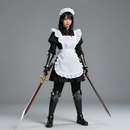 full body photo of a maid warrior with weapons