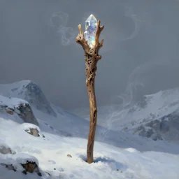 a magical carved wooden staff mounted with a glowing crystal stuck in the ground halfway up a snowy mountain  in the style of Sylvain Sarrailh, wispy magical smoke, beautiful digital art, cinematic composition, detailed, concept art, Matt painting, oil painting, high res