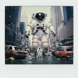 very realistic giant flood photographs of lone american white spacesuit chubby astronaut in postapocalyptic abandoned destroyed giant flood times square, wrecked buildings, destroyed flipped wrecked cars, polaroid photo, vintage, neutral colors, underwater, by gregory crewdson