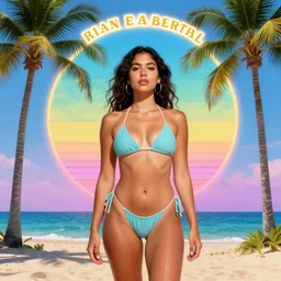 a latina brazilian girl in bikini in the beach mediterranean palm trees major arcana sky, epic retrowave art, trending on art station, in the style of james jean