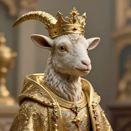 Cinematic still of a sculpture of an anthropomorphic goat wearing a gold crown and royal robe, portrait, shallow depth of field, rap album cover