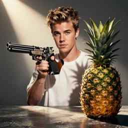 justin bieber with a gun next to a pineapple
