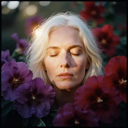 A head and shoulder frontal face portrait photography of beautiful woman surrounded by big purple and red flowers by Annie Leibovitz. Photoshoot. White hair. Closed eyes. Golden hour. Kodak Color Plus 400 film. extremely detailed hyperrealist. Rembrandt light style. swirly bokeh. warm light. muted colors. lens flare. photoreal. Medium format photography. Leica M9.