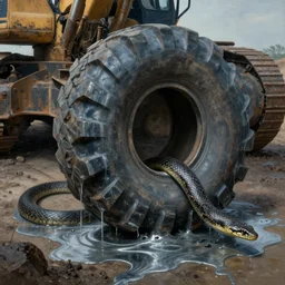 airbrushed tire water mocassin snake hybrid under massive land excavation machine in tire tread mercury uneven dripping landscape alex ross, simon bisley fine art masterpiece baked at 3 0 0 f, matte painting, cold lighting, aged with patina, rusted, award winning horror, photorealistic render, cinematic
