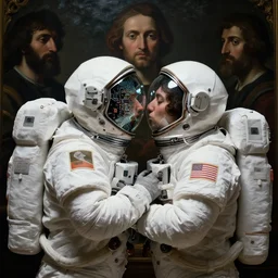two astronauts kissing by hieronymus bosch, broken glass helmet, motherboard chip circuit, baroque portrait painting, perfect center composition, detailed octane render trending on artstation artgerm, 8 k artistic photography, volumetric cinematic perfect light, chiaroscuro, masterpiece, raphael, caravaggio, beksinski, rutkowski