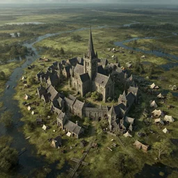 high airborne view of a downtrodden medieval town by a river in a swamp surrounded by a tent shanty town, 4k, by Greg Rutkowski, fantasy, mix of celtic and Rus architecture, cinematic