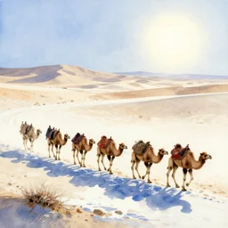 camel caravan travelling through icy desert. watercolor by moebius and clamp, backlighting.