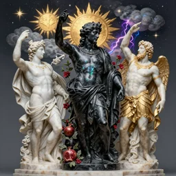 tilt shift, italian masterpiece, Ashford Black Marble sculpture, baroque, portrait, saint Man, Zeus gods Apollo Mercury, beautiful, gracious, pagans, marble and gold, space, stars, clouds, sun, greeks, fruits, bioluminescent skin, pomegranade, Thunder, King, render, artstation, draped with red flowers and vines, ultra detailed