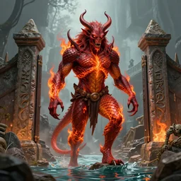A hellspawn demon made of flaming scales greeting souls of sinners at the gates of the River Styx by Dan Mumford and Josan Gonzalez and Feng Zhu and Loish and Stephen Gammell: 1, black border: 0.75, vibrant: 0.75, psychedelic, green: 0.5, blue: 0.5