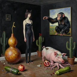 realistic painting of a trashed female artist's apartment, black dripping walls, tall emo catgirl, a gourd sculpture, a pig, a chimpanzee reaching out from inside a painting on black walls, a pomegranate, cactus, octopus, a courgette, 1 6 mm, berries, zen, sensual, surrealist painting by magritte and rousseau and monet