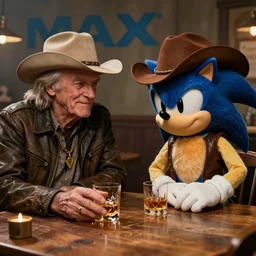 willie nelson merrily drinking whiskey together at a wooden table with sonic the hedgehog in a vest wearing a cowboy hat, cinematic lighting, relaxed smoky atmosphere, imax photography 4 k