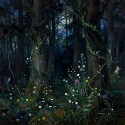 painterly dreamy dark forest with trees, flowers, birds, barely seen women, liana, thistle and midnight sky by Mikhail Vrubel, Aron Wiesenfeld dark fantasy, witcher, very detailed oil painting, masterpiece, 8k
