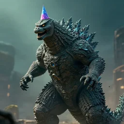 godzilla wearing a party hat, concept art, digital painting, trending on artstation, deviantart, epic composition, extremely detailed, ambient lighting, masterpiece, sharp focus, octane render