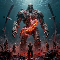 movie still of radioactive, torchlit, gastric, intricate, sentient, dethroned goliath machines, hydropropellor, in boiled blood sea, sunken deep in gangrene fungal pit, by alberto bontempi, shigeru komatsuzaki, wayne d barlowe, alex ross, simon bisley & boris vallejo, enric torres, hyper realism, cinemat