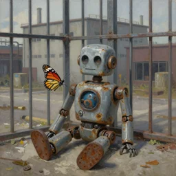 a grey rusted robot is sitting on the dirty concrete floor of a cage with iron bars. a colourful butterfly has landed beside the robot., background large gloomy industrial buildings. hyper realistic oil painting