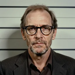 1970s of Mugshot Portrait of a middle aged old Willem Dafoe with glasses and no beard, with very short hair and a receding hairline, dressed in 1970s menswear, taken in the 1970s, photo taken on a 1970s polaroid camera, grainy, real life, hyperrealistic, ultra realistic, realistic, highly detailed, epic, HD quality, 8k resolution, body and headshot, film still, front facing, front view, headshot and bodyshot, detailed face, very detailed face