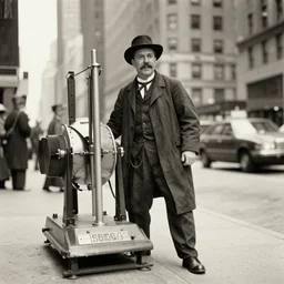 time traveller arrives with his time machine, vintage associated press photo, new york