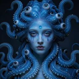 hyperrealistic highly detailed close-up portrait of a Rubensian blue rococo medusa with 8 round cat eyes sharp concept art wayne barlowe cinematic lighting 8k low angle shallow depth of field