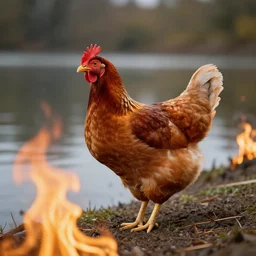 chicken at the edge of a lake of fire