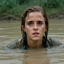 film still, close up, emma watson rising out of muddy vietnam river, face covered in mud, low camera angle at water level, film still from apocalypse now ( 1 9 7 9 ), 2 6 mm,