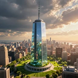 aerial view of a giant fish tank shaped like a tower in the middle of new york city, cinematic view, epic sky, detailed, concept art, low angle, high detail, warm lighting, volumetric, godrays, vivid, beautiful, trending on artstation, by jordan grimmer, huge scene, grass, art greg rutkowski