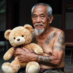 ultra realistic photo of thai oldman with full - bodied cute and lovely tattoos over the years, with their teddy bear. 9 0 s. lighting dim. kodak etkar 1 0 0. awards winner photographers.