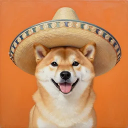 oil painting of a shiba inu dog wearing a sombrero, orange background