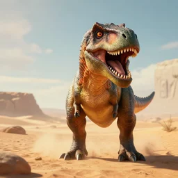 an angry dinosaur in desert, unreal engine, cinemtic