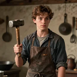 film still of youthful charlie day. he is a blacksmith, wearing apron, holding hammer, realistic face, style of sin city comic, frank miller