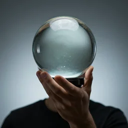 man with a crystal ball instead of his head