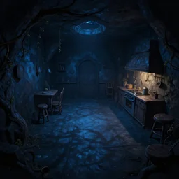 night, volumetric shadows, volumetric lighting, underground basement, dark walls, fisheye, naive, extra narrow, detailed illustration of a kitchen, large floor, dungeon lighting by rhads from lorax movie, trending artstation, dark blue, vines crawling, tavern