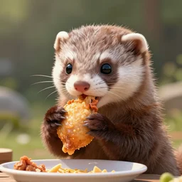 a cute animated ferret eating chicken